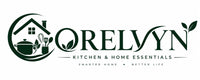 A dark green logo for 'ORELVYN KITCHEN & HOME ESSENTIALS' on a white background, featuring a house icon with kitchen utensils inside a crescent moon and the brand name in large serif letters.
